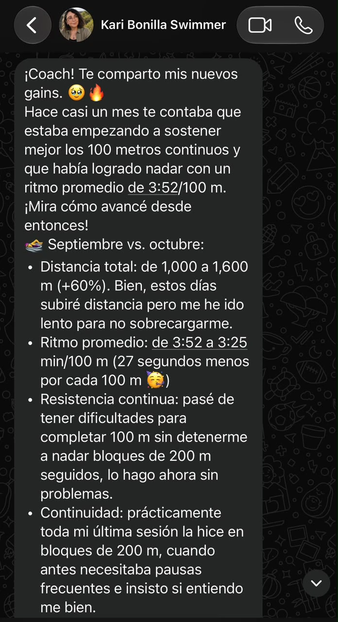 Mensaje de Kari con su ritmo promedio, de 3:52 a 3:25 cada 100 metros